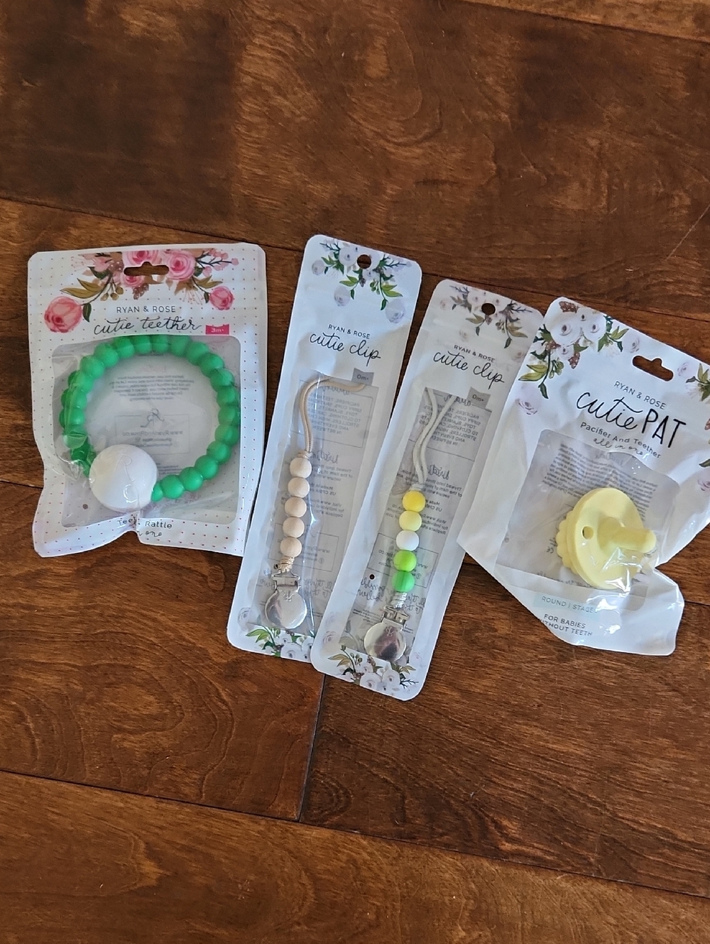 Ryan & Rose - Green & Yellow Teether, Pacifier & Beaded Clips